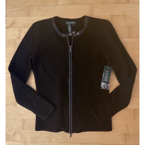 nwt Lauren Ralph Lauren Wool Cashmere Leather Trim Zipper Cardigan Jacket S - Picture 1 of 4